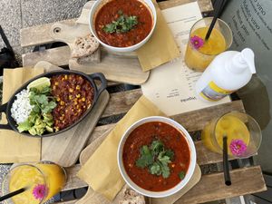 mexican stew, chilli sin carne, passion fruit lemonade  at Veganika in Ljubljana