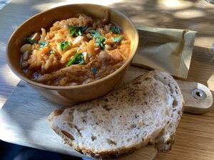 Sauerkraut stew with potatoes and smoke tofu at Veganika in Ljubljana