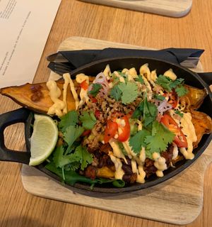 loaded baked sweet potato  at Veganika in Ljubljana