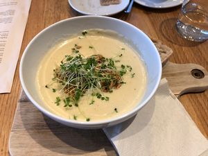 garlic soup with roasted pears and walnuts at Veganika in Ljubljana