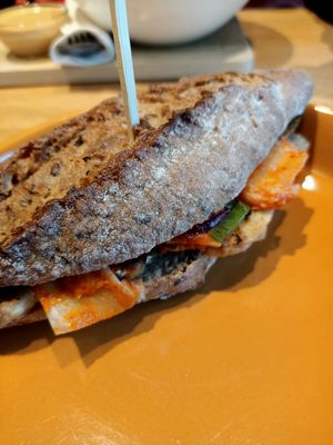 Tempeh and kimchi sandwich at Veganika in Ljubljana