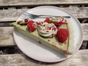 Incredible matcha pie at Veganika in Ljubljana