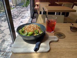 The hearty pasta bowl topped with crispy onions was very filling!  at Veganika in Ljubljana
