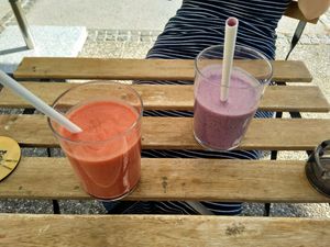 Pink smoothie (left) and Blueberry smoothie (right) at Veganika in Ljubljana