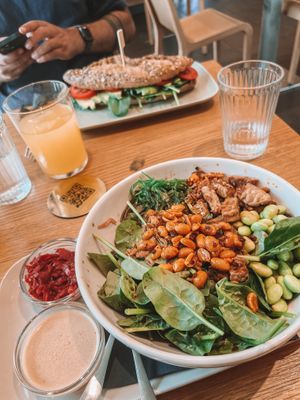 Soba noodles bowl with homemade kimchi and huge avocado sandwich   at Veganika in Ljubljana