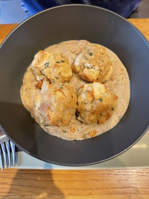 Bread dumplings in mushroom sauce  at Veganika in Ljubljana