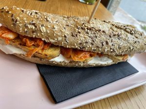 Tempeh sandwich  at Veganika in Ljubljana