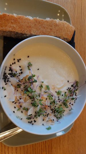 Cauliflower soup with coconut at Veganika in Ljubljana