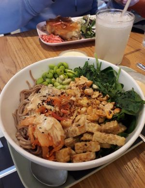 Soba noodle salad bowl at Veganika in Ljubljana