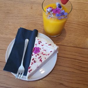 Strawberry coconut pie. Mango passionfruit juice. at Veganika in Ljubljana