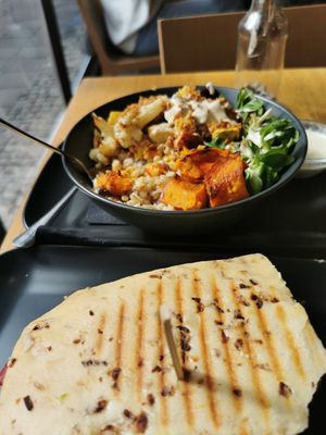 Toast and daily dish at Veganika in Ljubljana