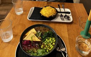Ramen and mushroom goulash with polenta  at Veganika in Ljubljana