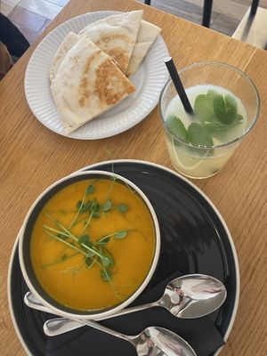Pumpkin soup of the day with homemade pita bread   at Veganika in Ljubljana