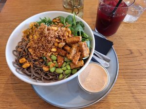 Soba bowl and homemade iced tea at Veganika in Ljubljana