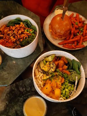 Soba 103 (the peanut one), Udon (the mango and miso one), Tempeh burger with Zlatko (the fried sweet potatos with vegan mayo). at Veganika in Ljubljana