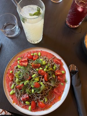soba noodles with gaspacho  at Veganika in Ljubljana