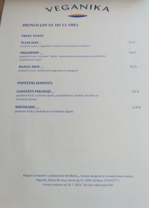 Menu at Veganika in Ljubljana