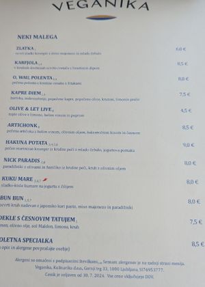 Menu at Veganika in Ljubljana