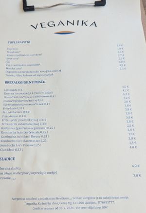 Menu at Veganika in Ljubljana