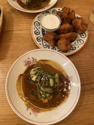 bread dumplings and fried cauliflower  at Veganika in Ljubljana