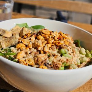 Soba 103 with lightly spicy peanut sauce at Veganika in Ljubljana