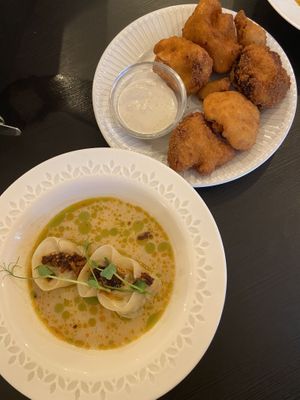 gyozas and fried cauliflower  at Veganika in Ljubljana