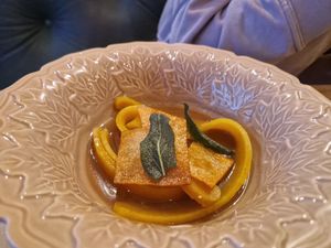 Tofu Noddles with Pumpkin and "Pig" Skin (authentic taste) 8/10 at Veganika in Ljubljana