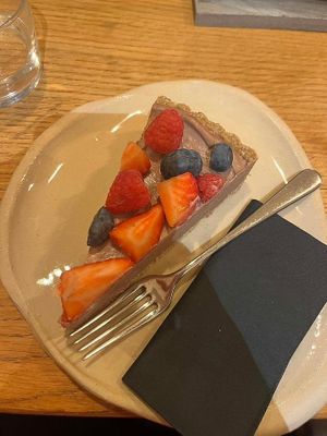 Hazelnut pie with berries at Veganika in Ljubljana