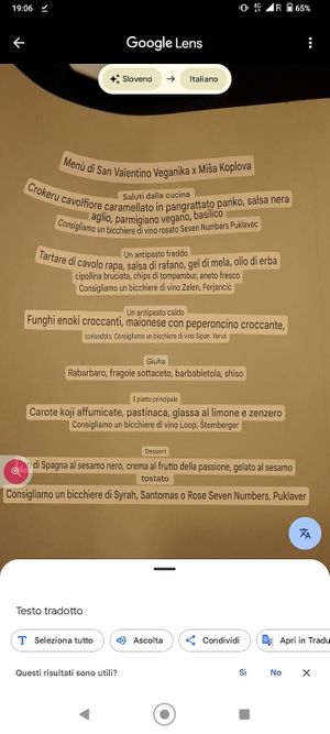 Menu di S.Valentino in italiano at Veganika in Ljubljana