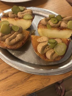 Potato, ‘chorizo’ spread and gherkin   at Veganika in Ljubljana