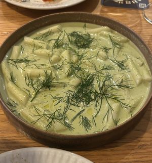 Dumplings in dill sauce   at Veganika in Ljubljana