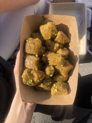 Sweet potato gnocchi with pistachio pesto at Odprta Kuhna in Ljubljana. at Veganika in Ljubljana