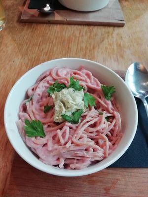 Spaghetti with Alfredo sauce and homemade ricotta. at Veganika in Ljubljana