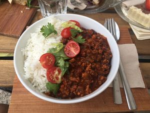 Chili sin carne with basmati rice at Veganika in Ljubljana