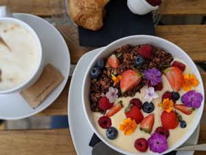 Latte and granola at Veganika in Ljubljana