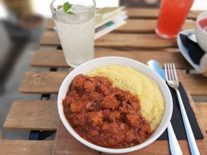 "Gulasch" mit Polenta at Veganika in Ljubljana