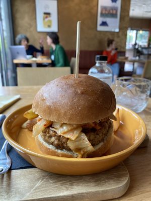 Tempeh burger at Veganika in Ljubljana
