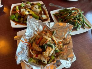 Basil Tempura (front), Dry String Beans, Vegan Ribs at Garden Fresh in Mountain View