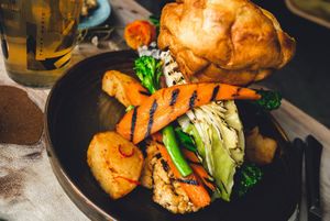 Vegan Sunday Lunch with vegan gravy. at Baha in Bowness-on-windermere