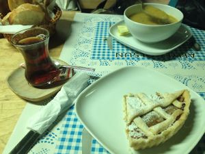 Vegan apple tart and lentil soup at Arka Bahçe in Istanbul