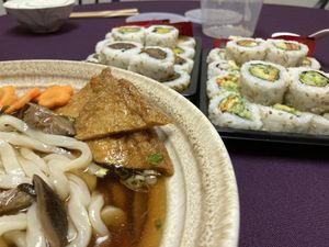 Kitsune udon bowl, kanpyo shiitake roll, vegetable roll, inari roll, & oshinko roll at Shinjuku Station in Burlington