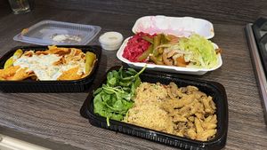 Nacho box (left), donner box (back) and cous cous shawarma box (front)  at Vegan Munch in Birmingham