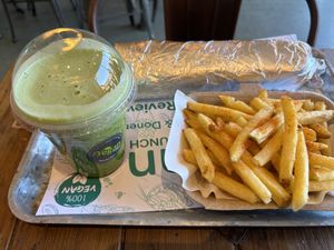 Doner wrap, paprika fries, green smoothie   at Vegan Munch in Birmingham