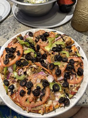 “The Works” Vegan Pizzaa  at Tomato Joe's Pizza & Taps in Canyon Country