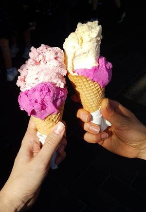 2 cones with 2 flavors of sorbet at Gelatissimo in Sydney