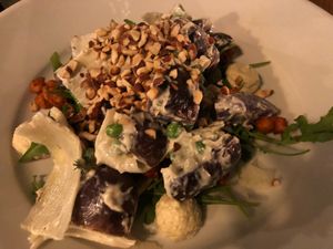 Chickpeas, red potatoes, salad at Stereo in Glasgow