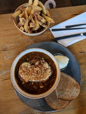 French Onion Soup with "Goats Cheese" and chips at Stereo in Glasgow