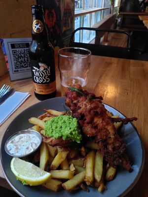 Banana blossom "fish" and chips at Stereo in Glasgow