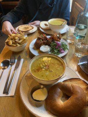 buffalo cauliflower, lentil soup and nooch chips  at Stereo in Glasgow