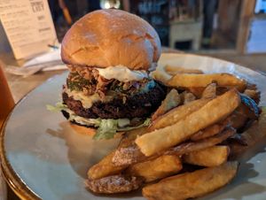Stereo Seitan Burger with skin-on fries at Stereo in Glasgow